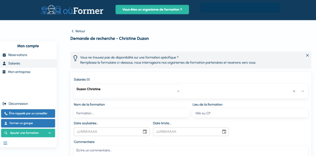 capture d'écran de l'onglet demande de recherche