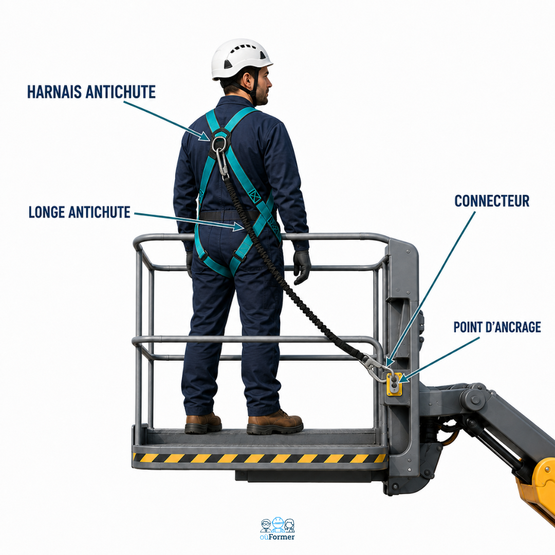 Système antichute en nacelle avec harnais, longe, connecteur et point d’ancrage
